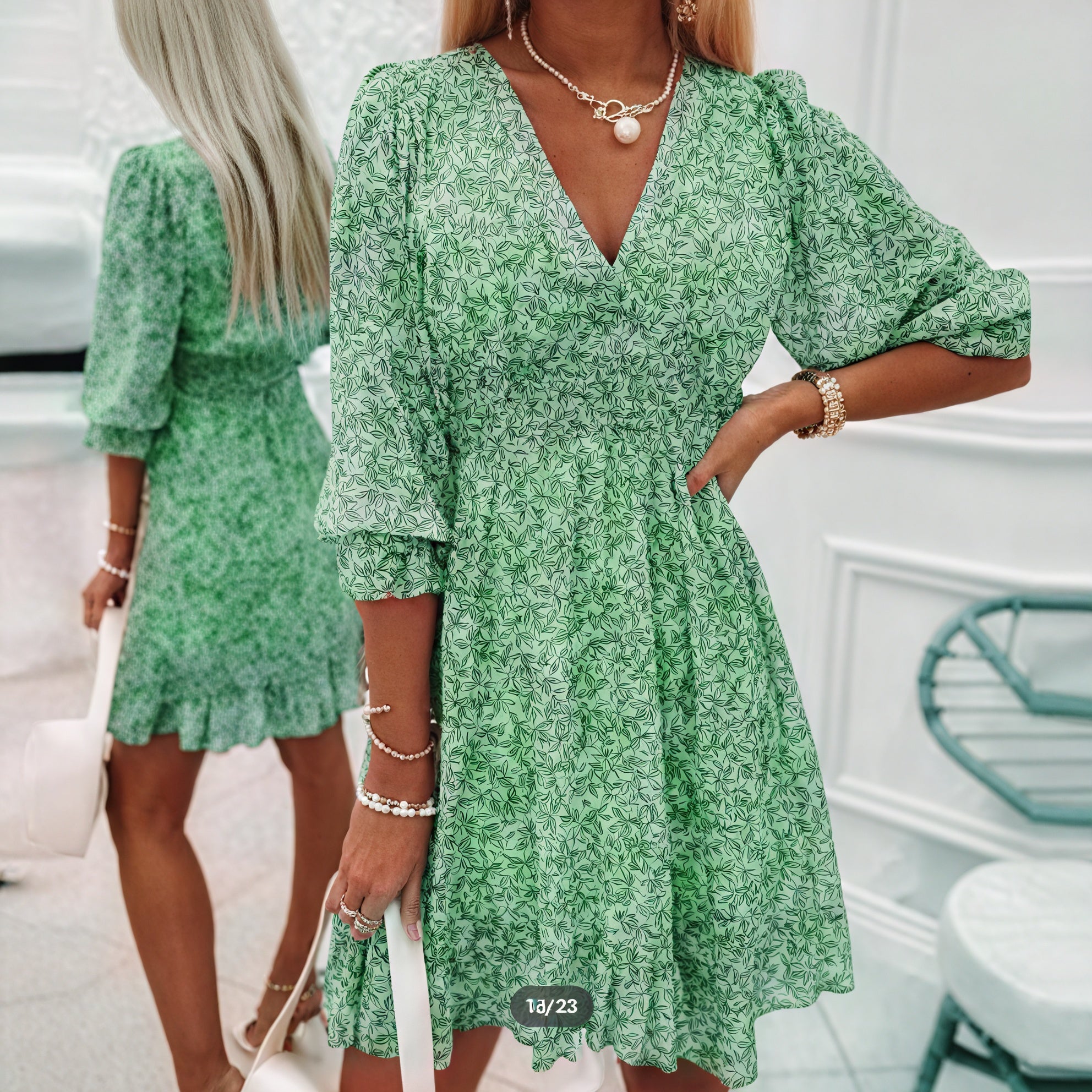 Floral Flared Dress - V-Neck, Fitted Waist