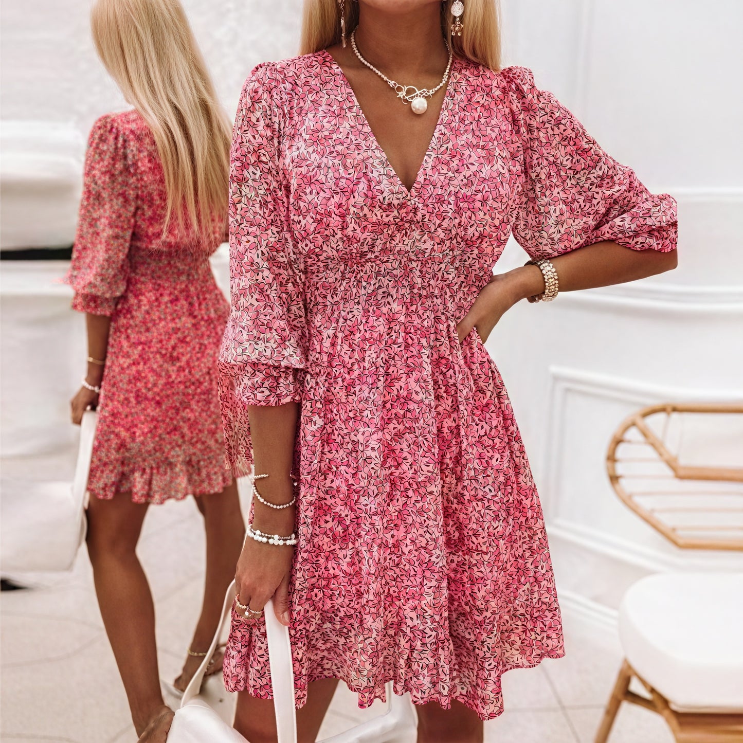 Floral Flared Dress - V-Neck, Fitted Waist