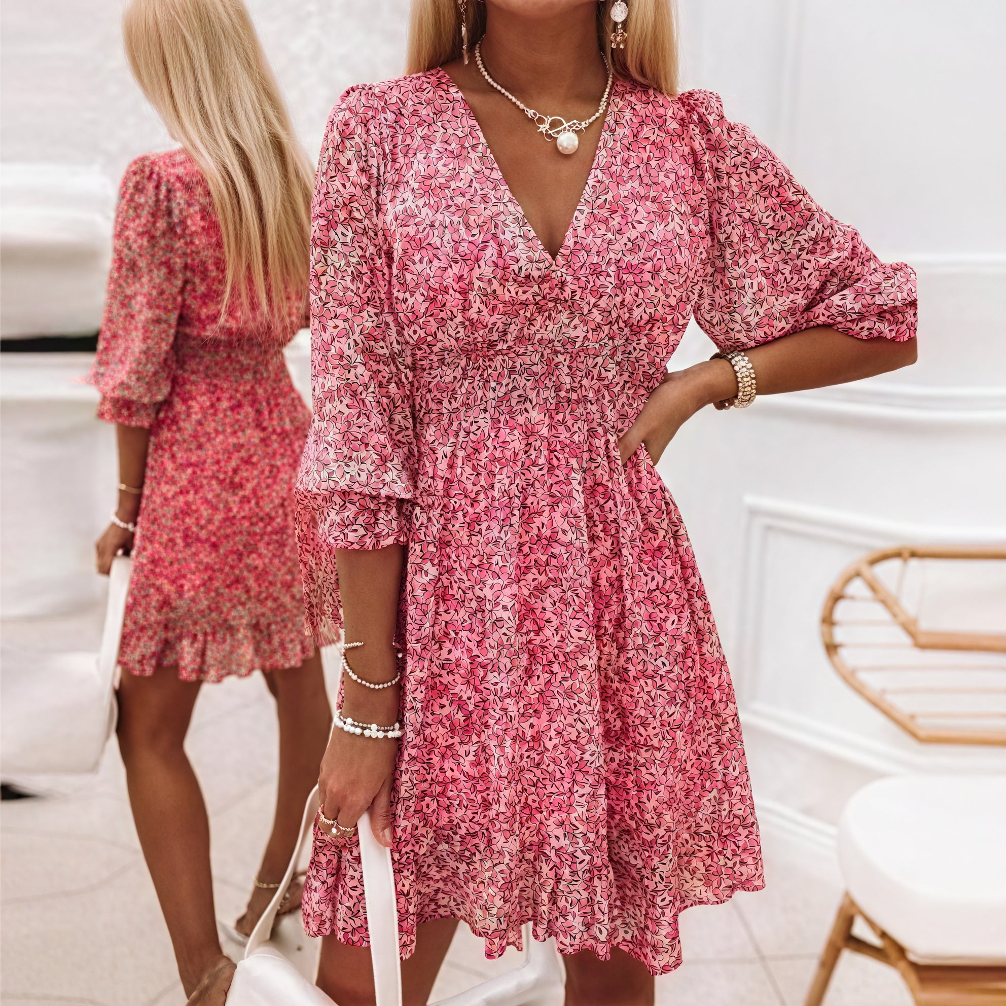 Floral Flared Dress - V-Neck, Fitted Waist