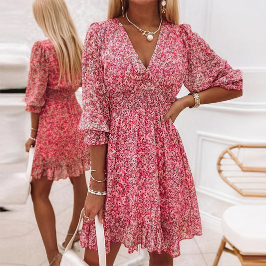 Floral Flared Dress - V-Neck, Fitted Waist