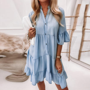 Tiered Denim Dress - Ruffled Sleeves, Button-Down