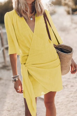 Women's Wrap Dress – V-Neck, Tie Waist, Short Sleeve, Linen Blend, Bohemian Style-82990-cbe52576-520c-483d-bb31-c74b25281a13