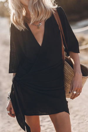 Women's Wrap Dress – V-Neck, Tie Waist, Short Sleeve, Linen Blend, Bohemian Style-82990-95dd2d91-abe6-4cc0-8324-a876844cf871