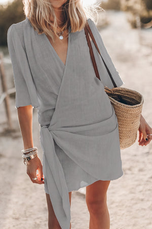 Women's Wrap Dress – V-Neck, Tie Waist, Short Sleeve, Linen Blend, Bohemian Style-82990-b8587c10-7350-41d4-a195-0423616dcd4f