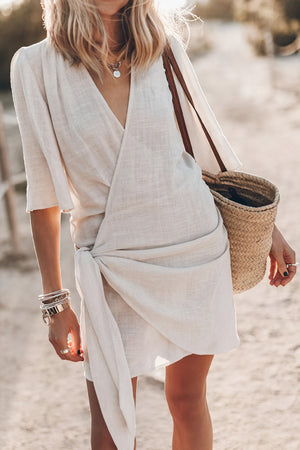 Women's Wrap Dress – V-Neck, Tie Waist, Short Sleeve, Linen Blend, Bohemian Style-82990-e9779f0f-251b-41f9-bf4c-c4e6dd085ad1