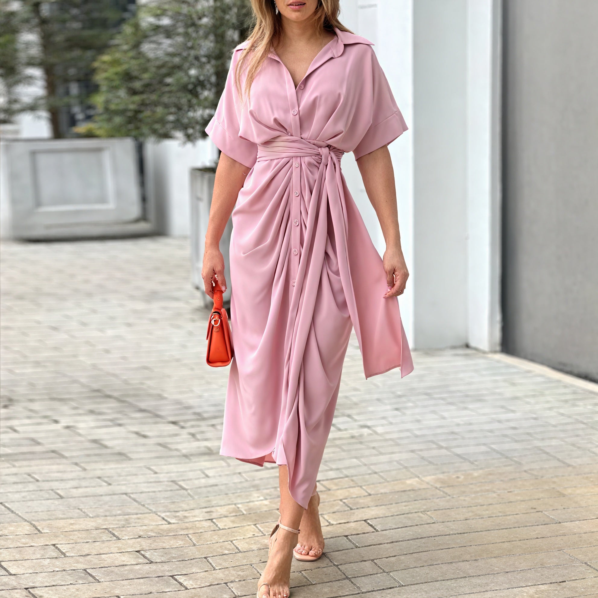 Elegant Draped Dress with Tie Waist