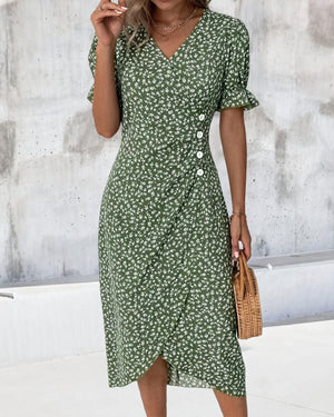 Floral Print Wrap Dress with Ruffled Sleeves