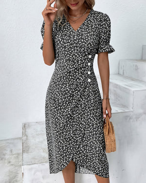 Floral Print Wrap Dress with Ruffled Sleeves