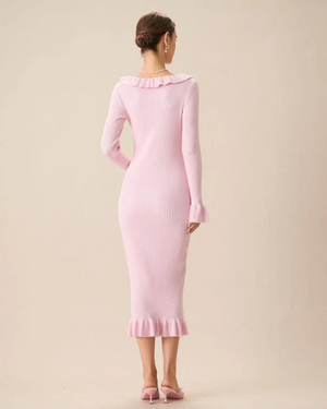 Romantic Ruffled Midi Dress with Bell Sleeves