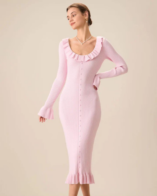 Romantic Ruffled Midi Dress with Bell Sleeves