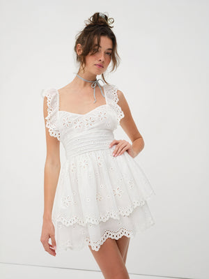 Romantic Eyelet Dress - Tiered Skirt, Sweetheart Neckline