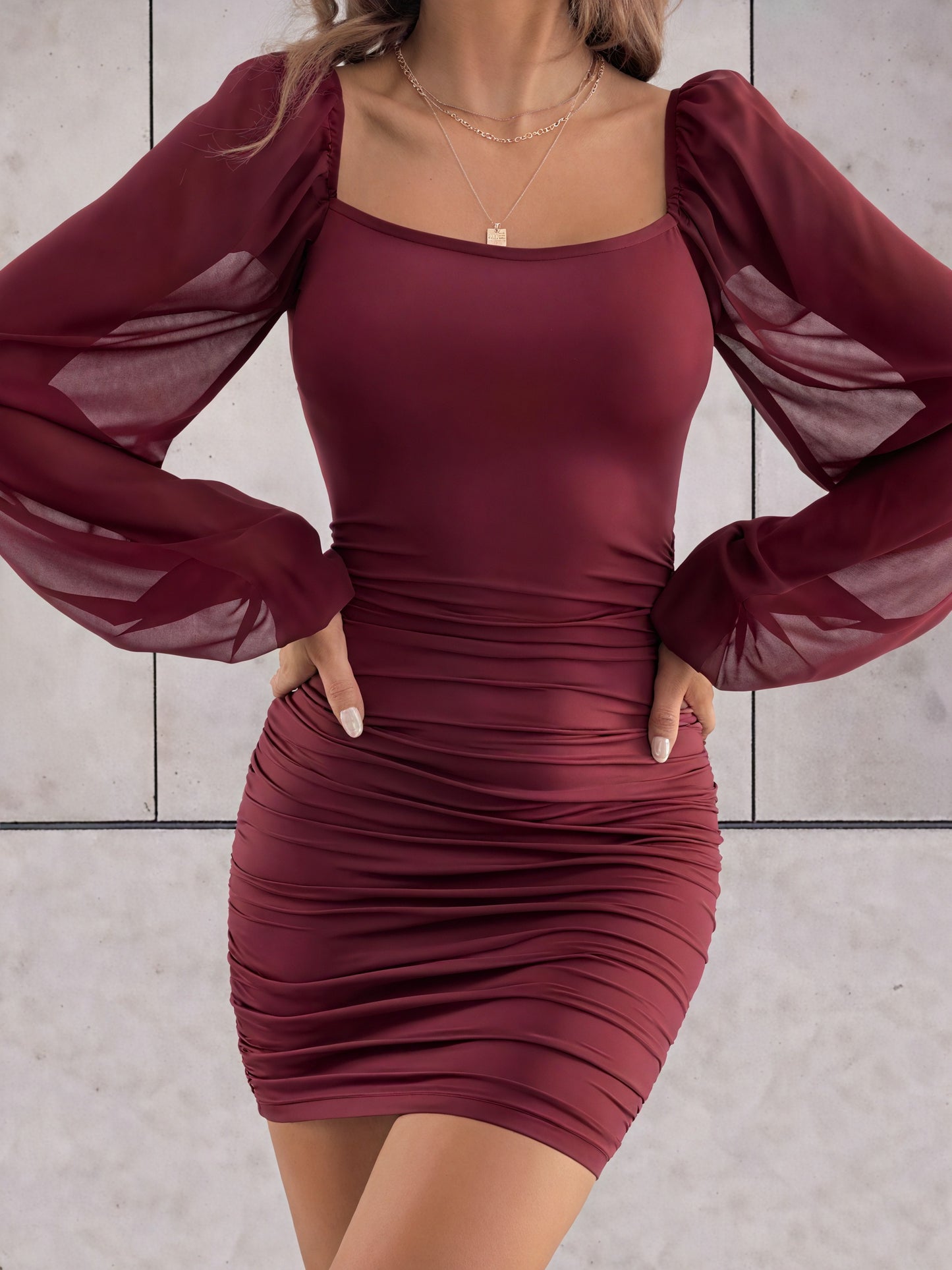 Sculpted Silhouette Dress with Sheer Sleeves