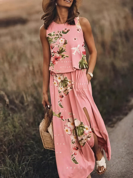 Sleeveless Maxi Dress for Women with Side Slit, Pockets, Unique Floral/Striped Pattern, Versatile Summer Style-83214-d990d23a-4edd-4864-9e05-98e7e25a9c4e