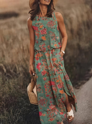 Sleeveless Maxi Dress for Women with Side Slit, Pockets, Unique Floral/Striped Pattern, Versatile Summer Style-83214-2541129f-ef59-478d-9cd9-69c5b2433815