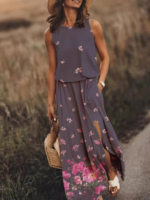 Sleeveless Maxi Dress for Women with Side Slit, Pockets, Unique Floral/Striped Pattern, Versatile Summer Style-83214-64c62fdd-8d8e-4bfb-8fea-034a2ce3526c