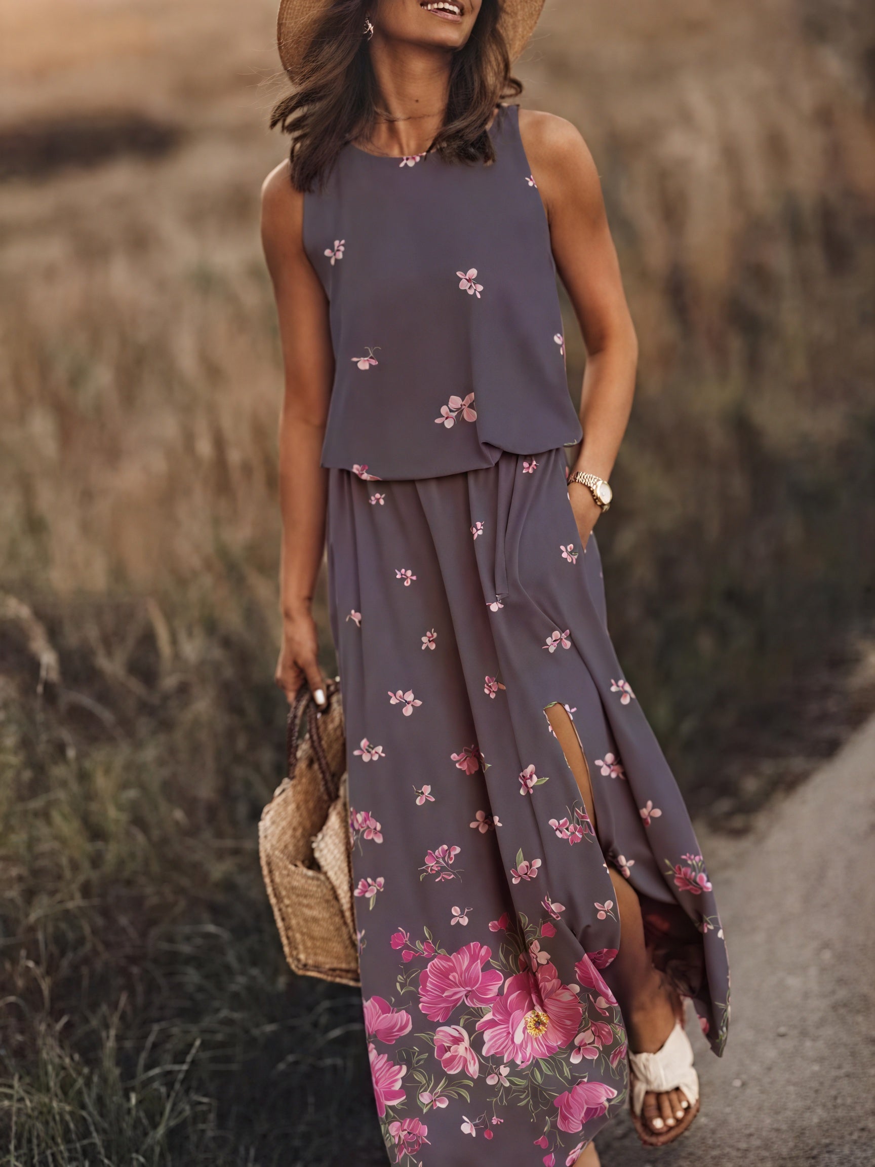 Sleeveless Maxi Dress for Women with Side Slit, Pockets, Unique Floral/Striped Pattern, Versatile Summer Style-83214-64c62fdd-8d8e-4bfb-8fea-034a2ce3526c