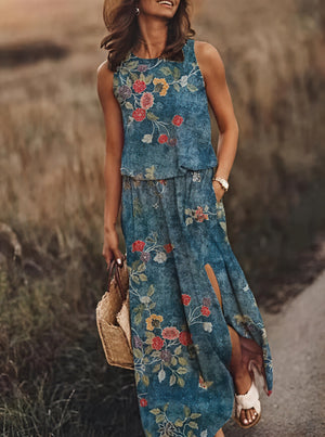 Sleeveless Maxi Dress for Women with Side Slit, Pockets, Unique Floral/Striped Pattern, Versatile Summer Style-83214-54fef001-bb01-42b7-baa2-60f457a8ac16