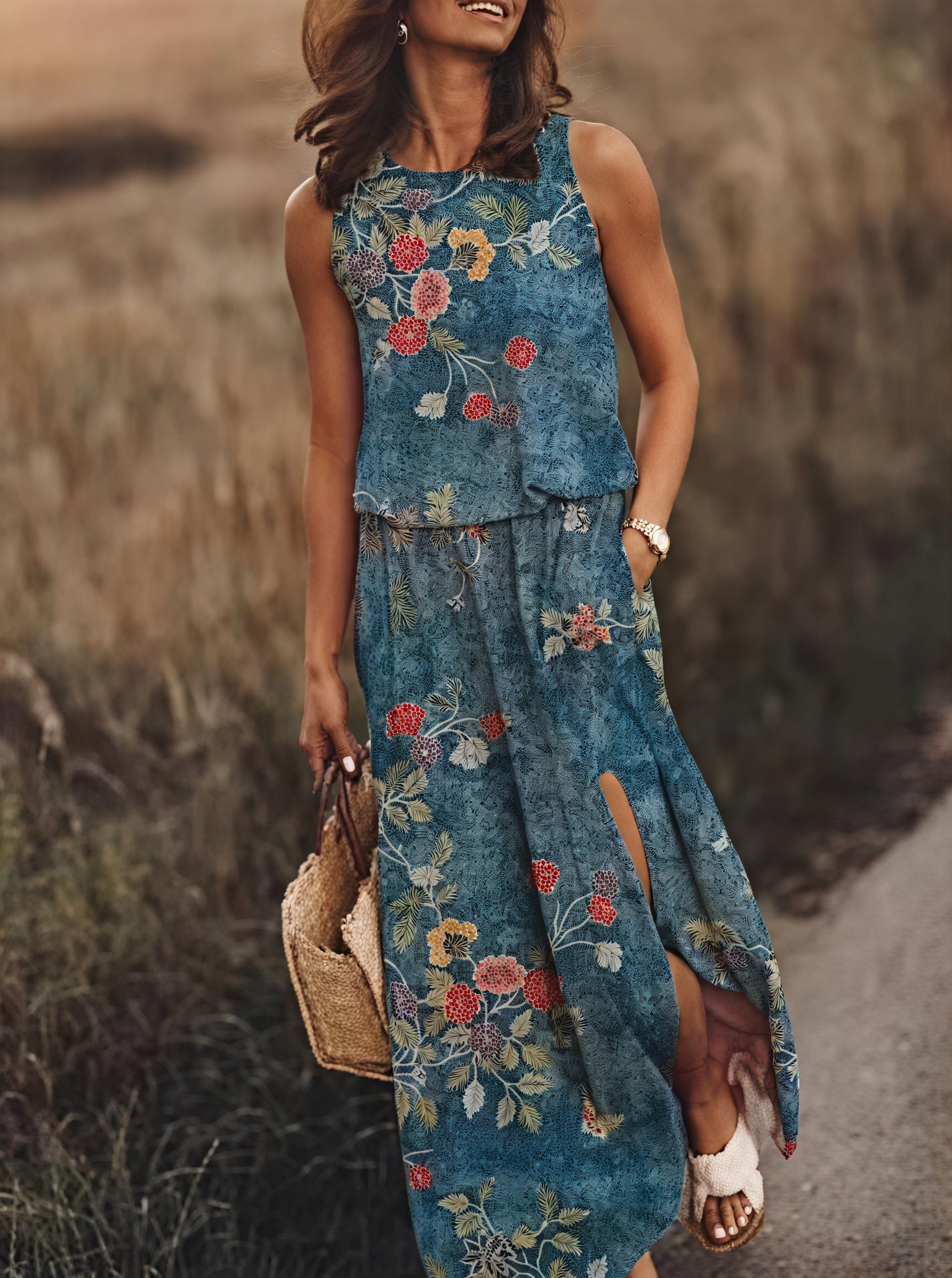 Sleeveless Maxi Dress for Women with Side Slit, Pockets, Unique Floral/Striped Pattern, Versatile Summer Style-83214-54fef001-bb01-42b7-baa2-60f457a8ac16