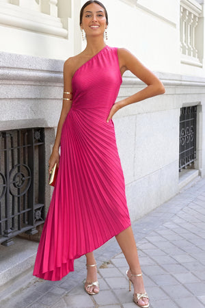 Women's One-Shoulder Pleated Dress – Asymmetrical Hem, Elegant-83236-f6d6329a-8d33-411e-8756-6de0b6175585