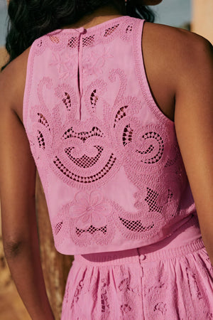 Basicfold Women's Pink Laser-Cut Two-Piece Outfit - Halter Crop Top & Slit Skirt-83273-8d2213a4-5cc5-48ab-972f-bc9b9ccf73d0
