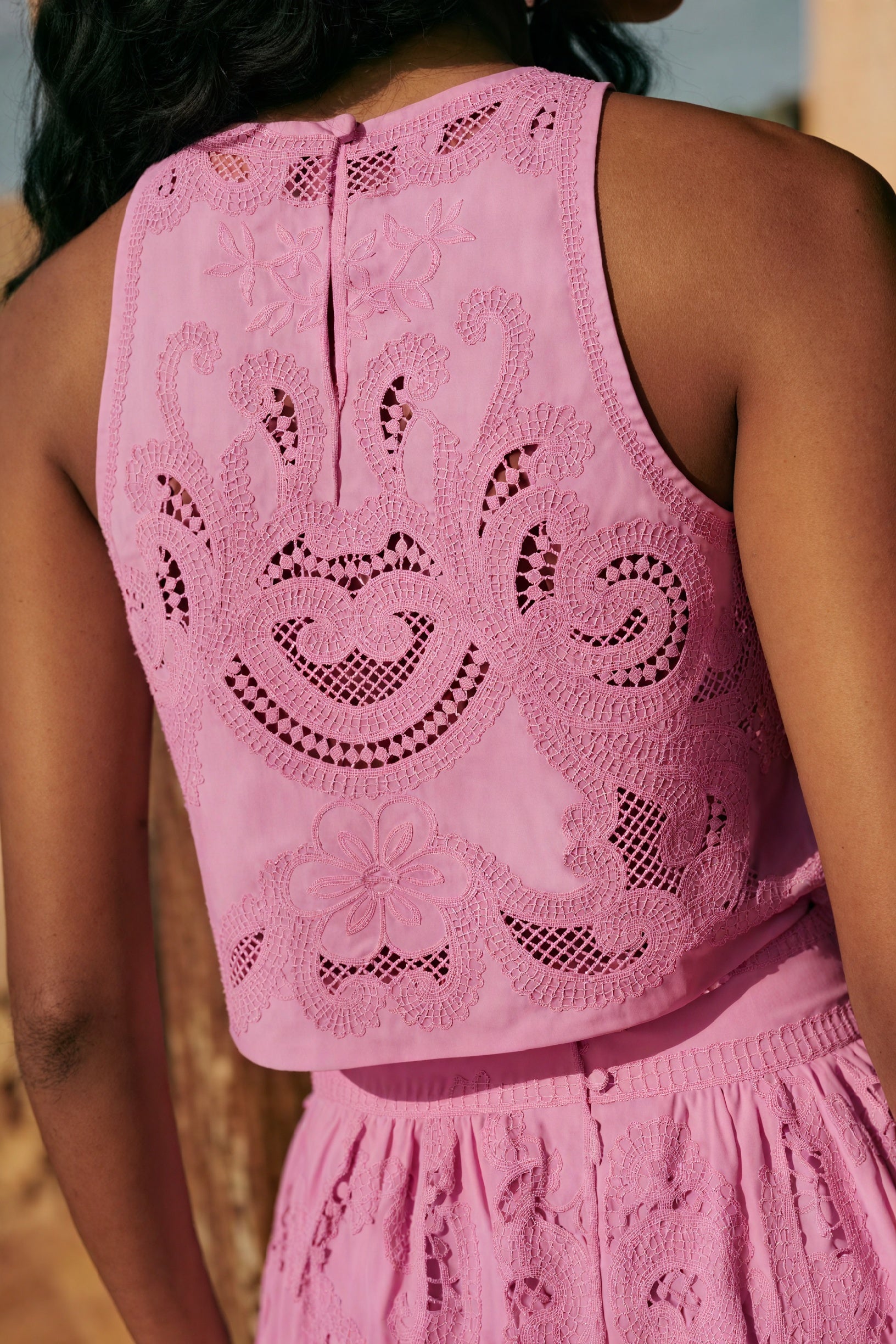 Basicfold Women's Pink Laser-Cut Two-Piece Outfit - Halter Crop Top & Slit Skirt-83273-8d2213a4-5cc5-48ab-972f-bc9b9ccf73d0