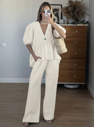 Basicfold Women's Linen Two-Piece Outfit – V-Neck Puff Sleeve Top & Wide-Leg Pants Set-83274-fe2346f5-5339-486d-bede-aa530dbdcdb2