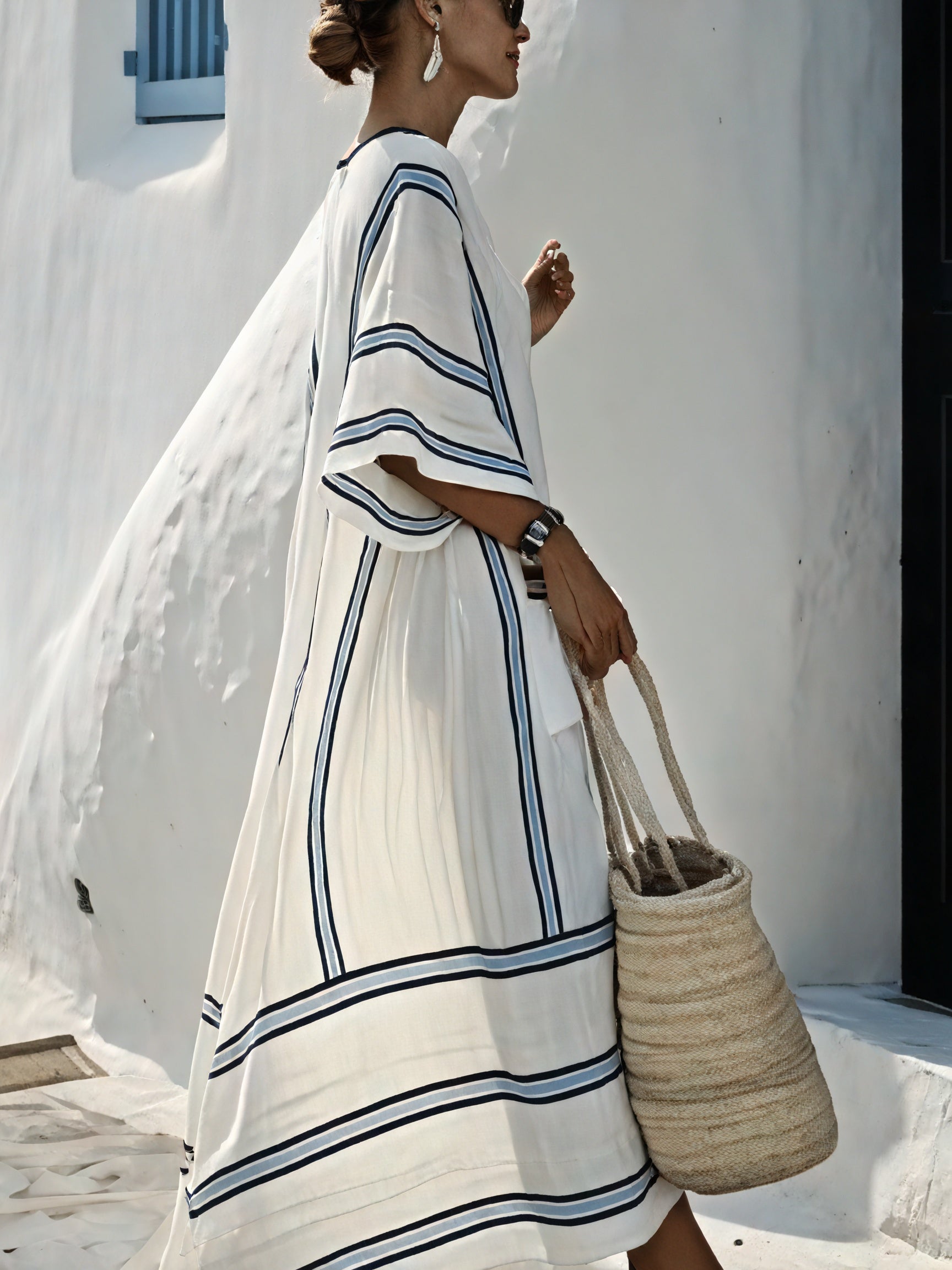 Basicfold Women's White Blue Striped V-Neck Dress – Loose Fit, Pockets, Lightweight Fabric-83285-d89508b3-a61d-4281-94ee-580c7952188d