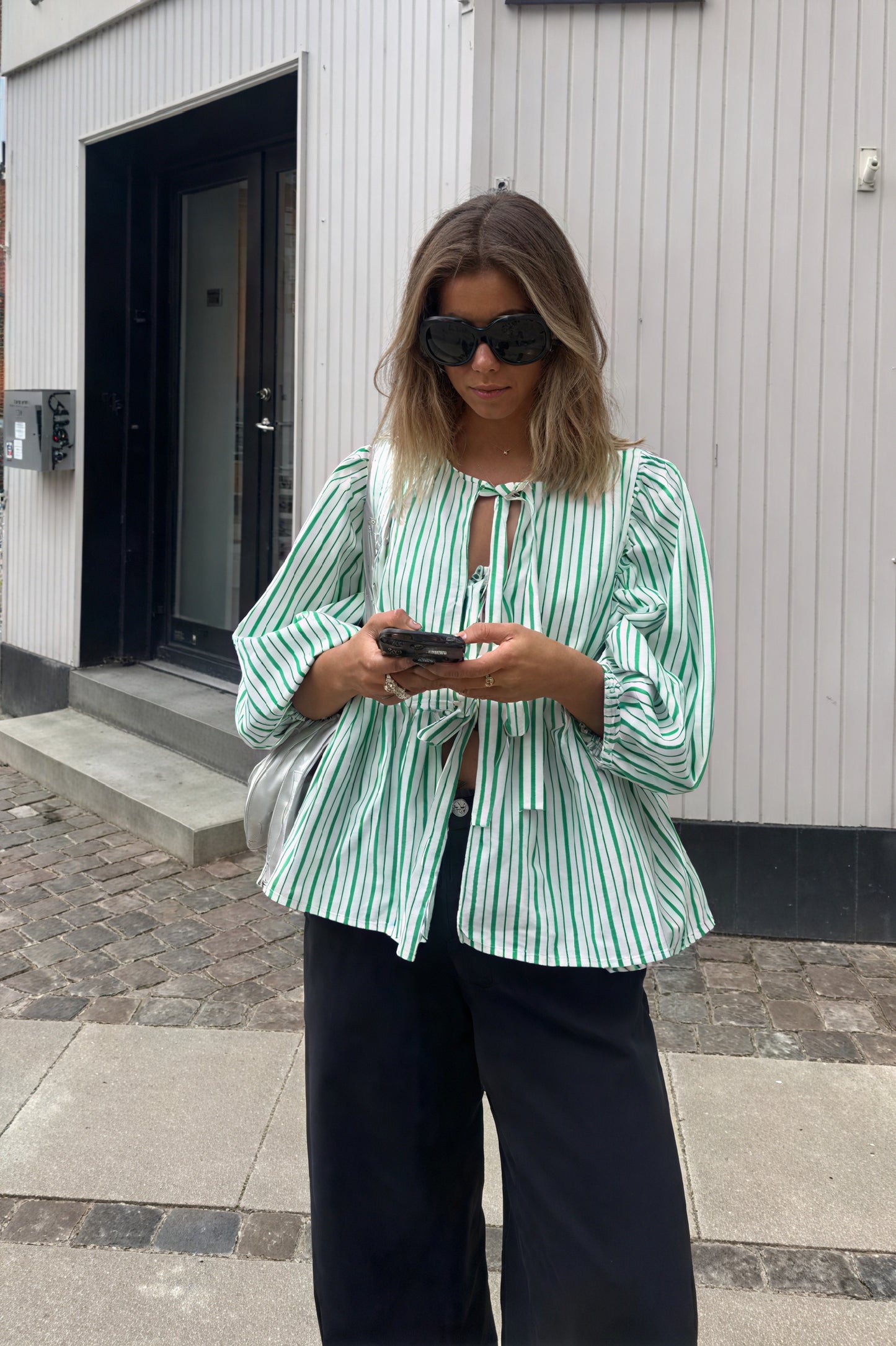 Women's Green Striped Tie-Front Puffed Sleeve Blouse, Modern Feminine-83297-12823269-4541-43ba-b32f-273fac295fab