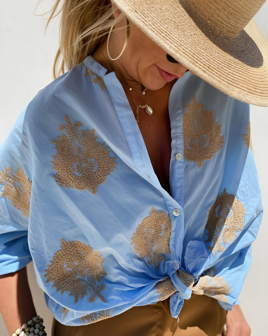 Women's Embroidered Blouse – Tie-Front, Button-Down Casual Style-83310-e4b975cb-5693-4784-9918-4e6c180670ad