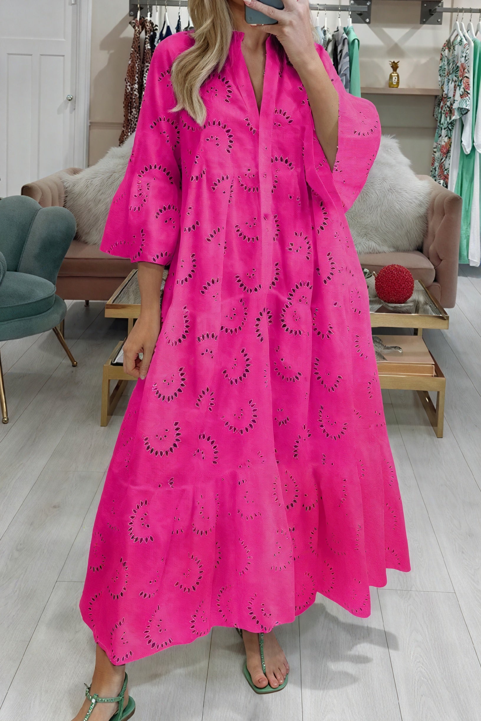 Basicfold Women's Eyelet V-Neck 3/4 Sleeve Button-Down Dress, S-XL-83323-1280320f-48bd-4025-a2de-df9af720b1a3