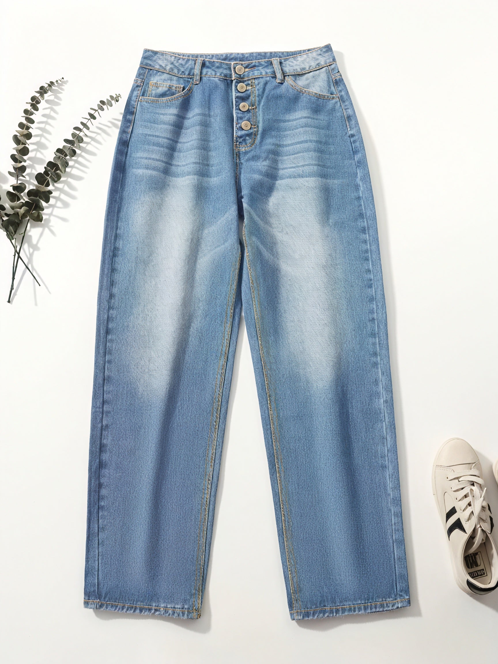 Women's Light Blue Loose Fit Jeans – Cuffed Hem, Button Fly-83359-ad8be609-8886-4d7f-9d88-8ef0d46d5367