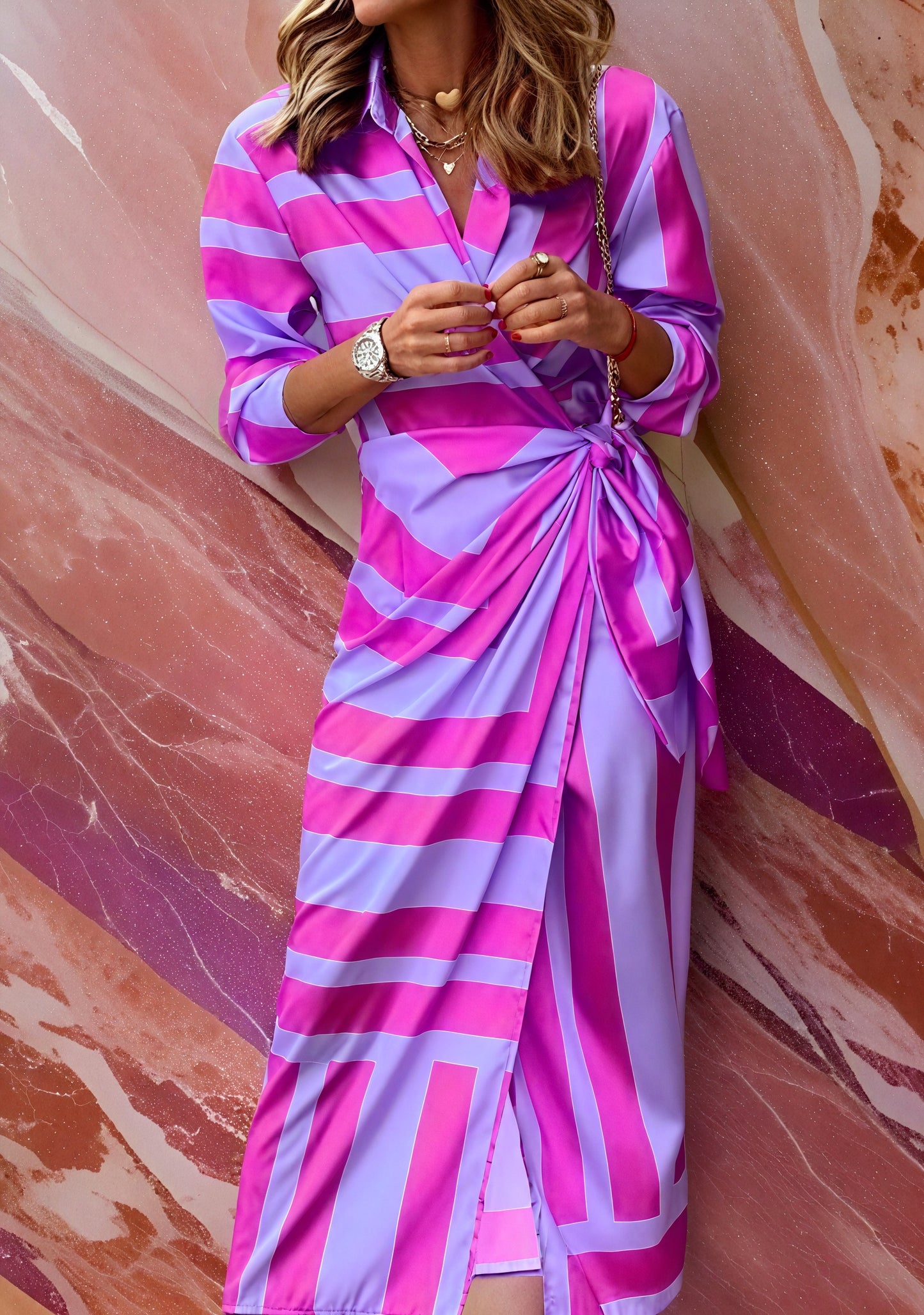 Women's Wrap Dress – Striped Pattern, Long Sleeve Design-83361-daf42107-c244-47f8-9553-09bd93602385