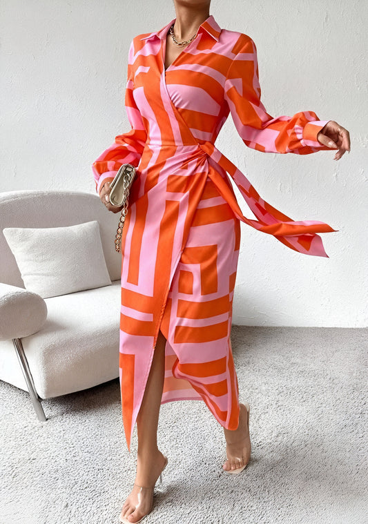 Women's Wrap Dress – Striped Pattern, Long Sleeve Design-83361-386583e5-c6b0-4502-b204-ef26de52a82c