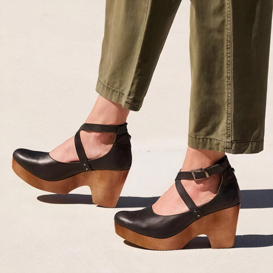 Women's Leather Platform Sandals – Wooden Sole, Ankle Strap, Cross-Strap Design-83366-4ea96eee-f1fe-4544-a104-a4d48d8aa5d7