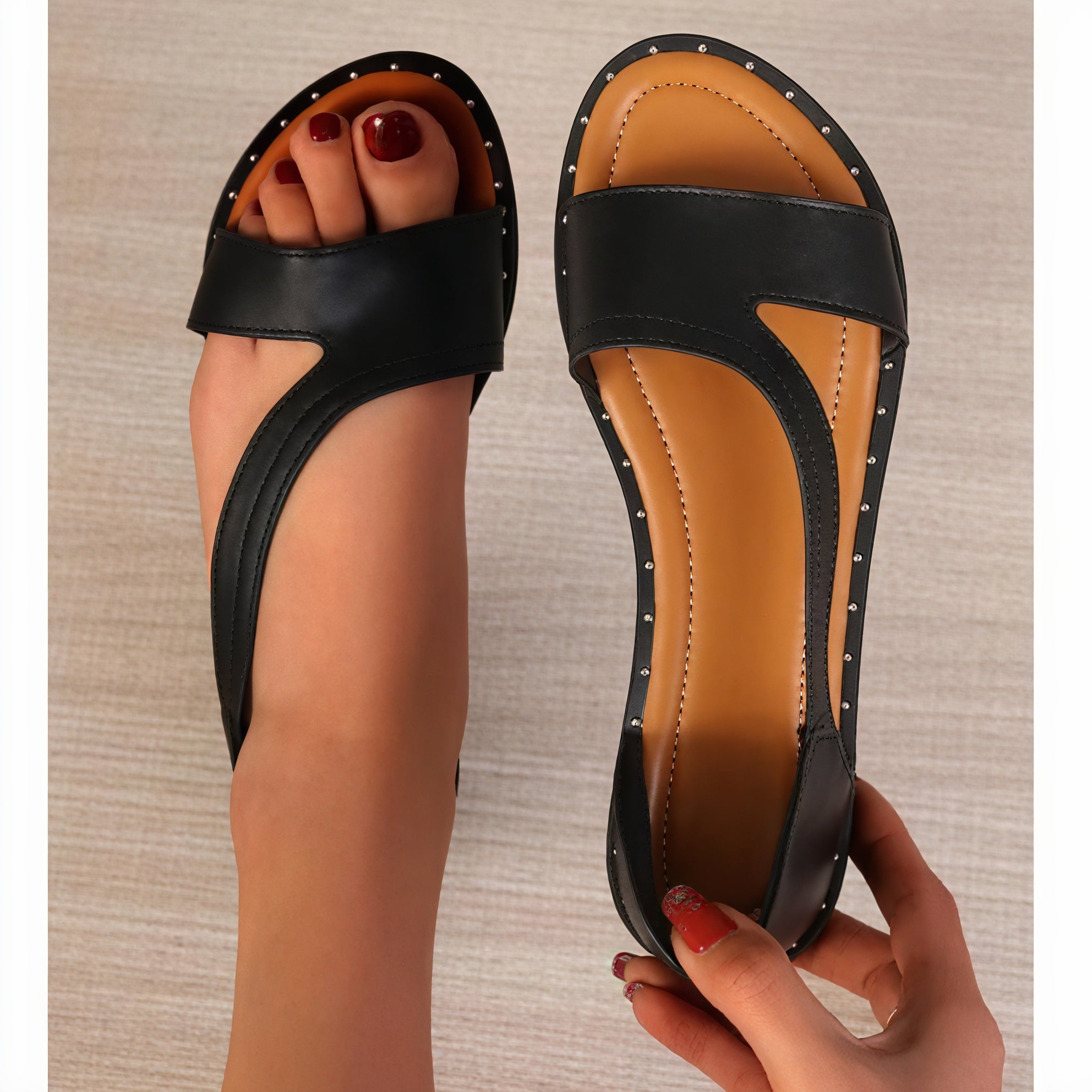 Women's White Flat Sandals – Studded Trim, Open Toe-83369-b829666c-4498-494c-812b-7c031c3aa2ef