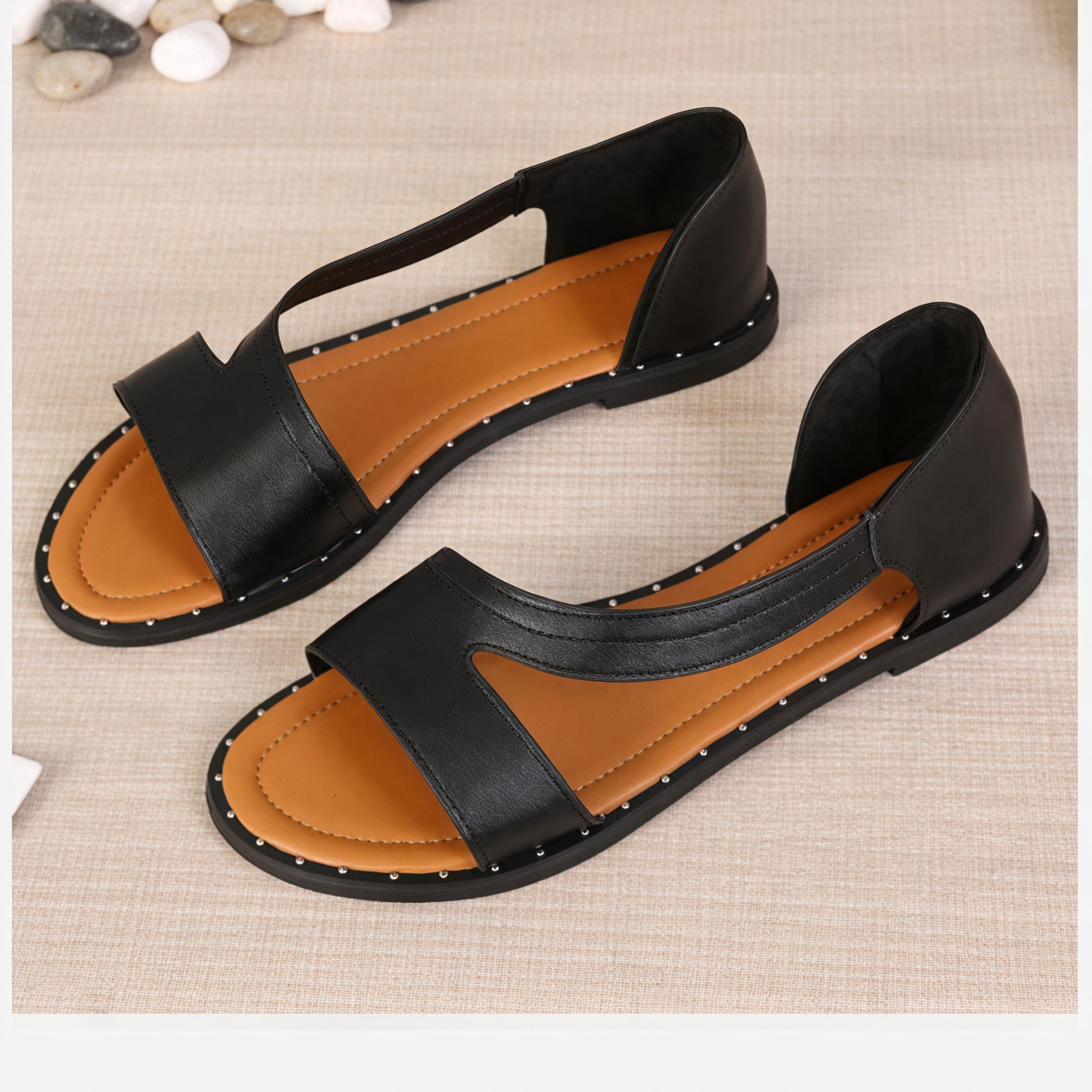 Women's White Flat Sandals – Studded Trim, Open Toe-83369-2feb2113-998d-4b50-a99d-f9bf4190fb3c