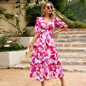 Women's Floral Midi Dress – V-Neck, Short Sleeve, Flowy Silhouette-83546-0f41be4b-c23f-4f33-b9fb-14ea1db43e1a
