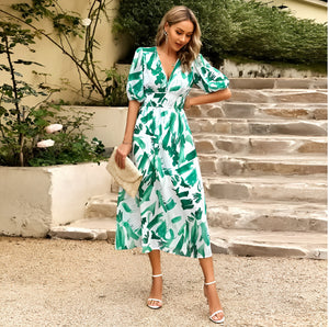 Women's Floral Midi Dress – V-Neck, Short Sleeve, Flowy Silhouette-83546-3a96839c-7b4c-4677-8776-64138cf25c93