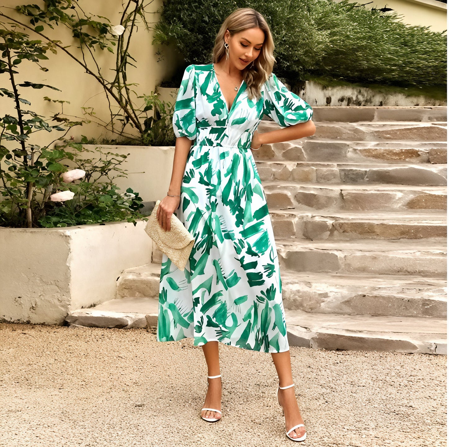 Women's Floral Midi Dress – V-Neck, Short Sleeve, Flowy Silhouette-83546-3a96839c-7b4c-4677-8776-64138cf25c93