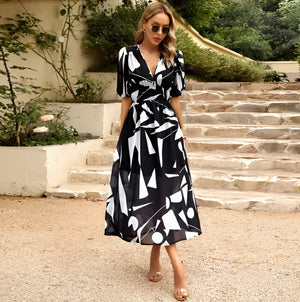 Women's Floral Midi Dress – V-Neck, Short Sleeve, Flowy Silhouette-83546-6e906231-b624-4694-bf66-89174f3f5267
