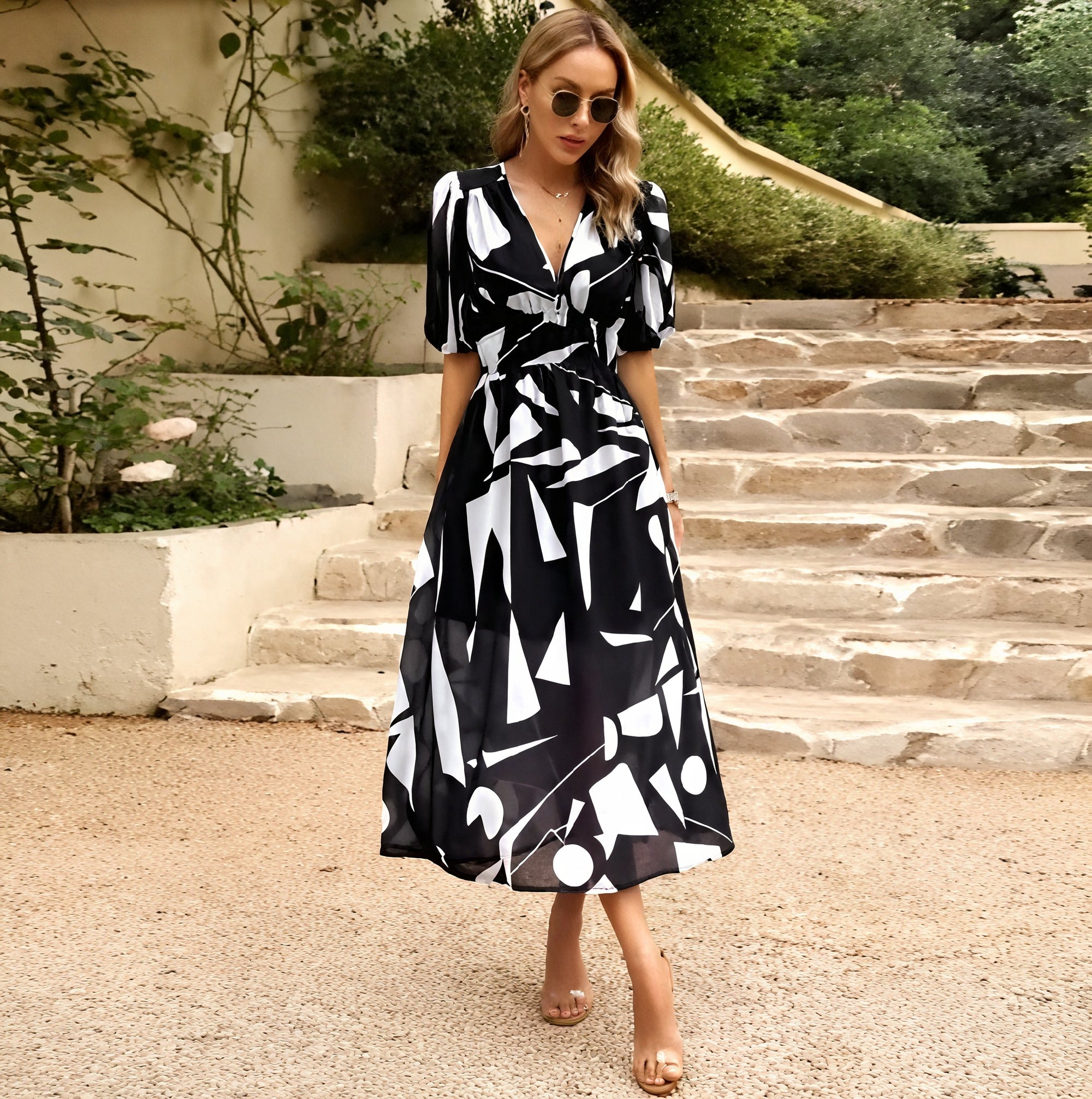 Women's Floral Midi Dress – V-Neck, Short Sleeve, Flowy Silhouette-83546-6e906231-b624-4694-bf66-89174f3f5267