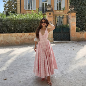 Women's Pink Gingham V-Neck Pleated Midi Dress-83586-20403f6a-230a-4bc0-85ca-29941f02a043
