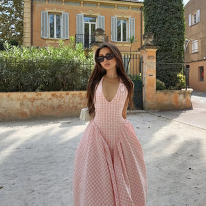 Women's Pink Gingham V-Neck Pleated Midi Dress-83586-d55922ac-d7ee-49fd-9d57-41bb260f5f68
