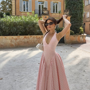 Women's Pink Gingham V-Neck Pleated Midi Dress-83586-2168bd63-ccfb-4ac0-9fa1-05eb42024866