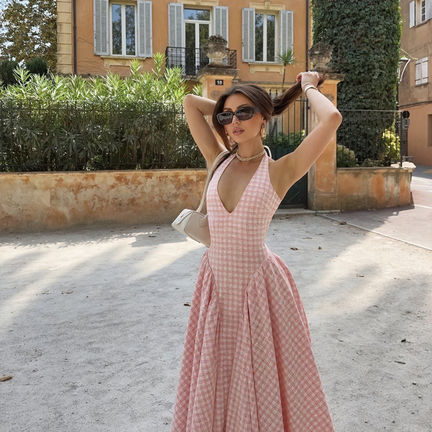 Women's Pink Gingham V-Neck Pleated Midi Dress-83586-2168bd63-ccfb-4ac0-9fa1-05eb42024866