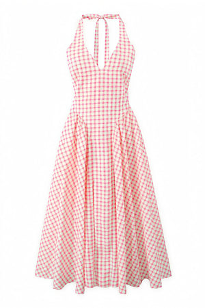Women's Pink Gingham V-Neck Pleated Midi Dress-83586-ad8c3dd0-79c9-4185-82c2-589b41987e80