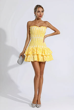 Women's Mini Dress – Yellow & White Patterned, Strapless Ruffled Smocked Bodice-83597-16fb1ad5-8ea5-4c6c-883d-e9a275bfdf65