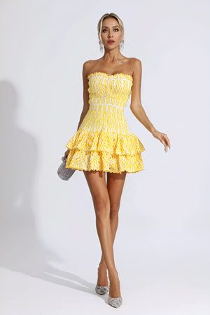 Women's Mini Dress – Yellow & White Patterned, Strapless Ruffled Smocked Bodice-83597-c31e608d-9fb8-47e5-9622-158e07fc2951
