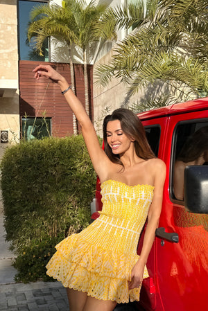 Women's Mini Dress – Yellow & White Patterned, Strapless Ruffled Smocked Bodice-83597-90992de1-03b4-42a6-816d-332604ab6ceb