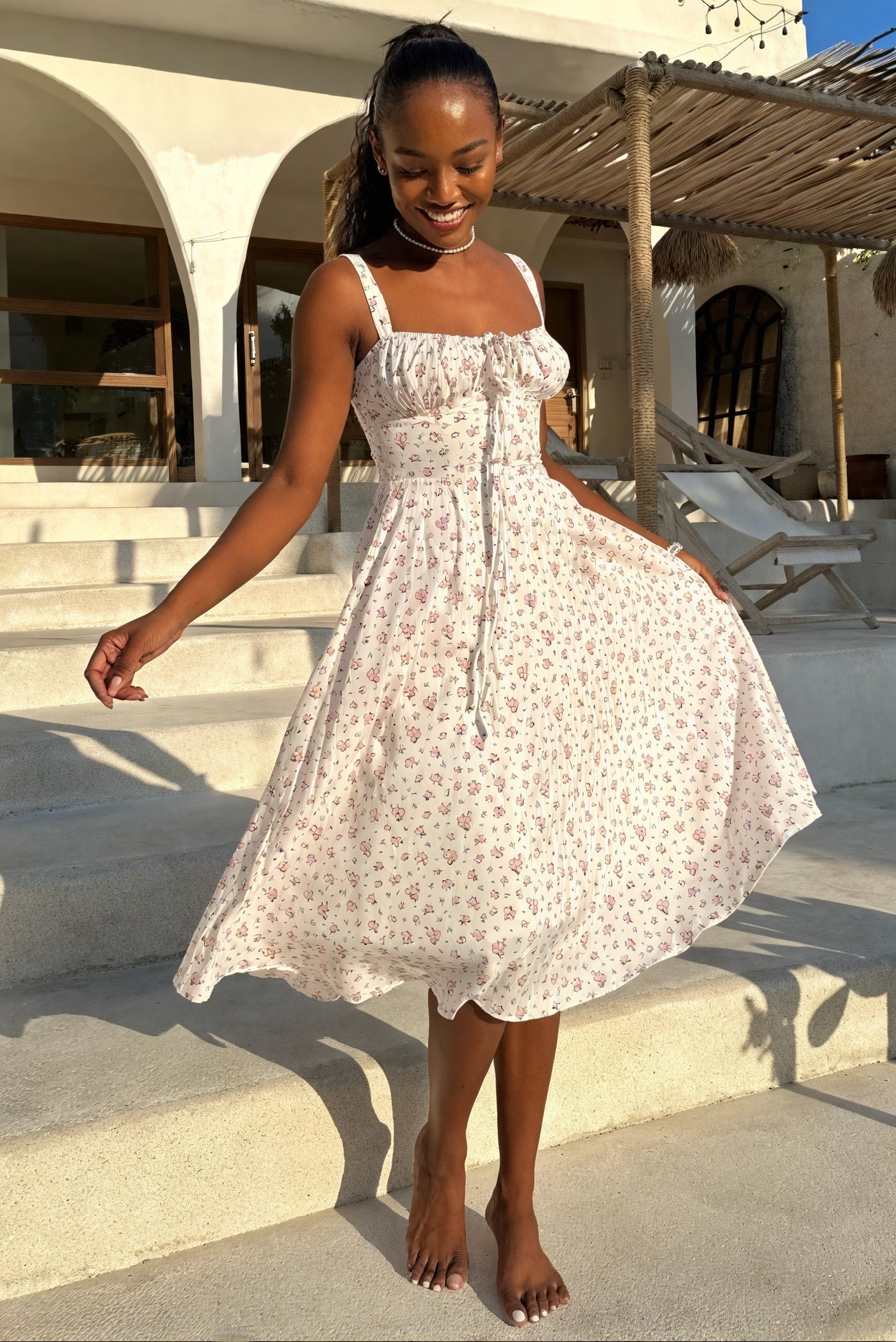 Women's Maxi Dress – White Floral Print, Tie-Up Bust, Adjustable Straps-83612-c229b990-5f6a-464d-92c6-63e6016f942b